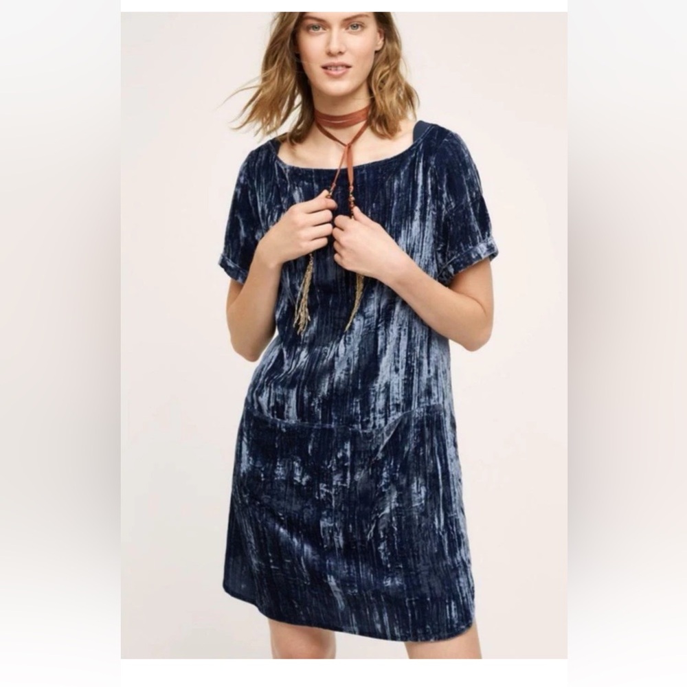 Anthropologie Floreat Crush Velvet Blue Mini Shift Dress S